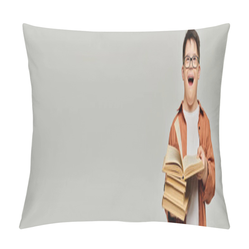 Personality  Little Boy With Down Syndrome With Glasses Engrossed In A Book. Pillow Covers