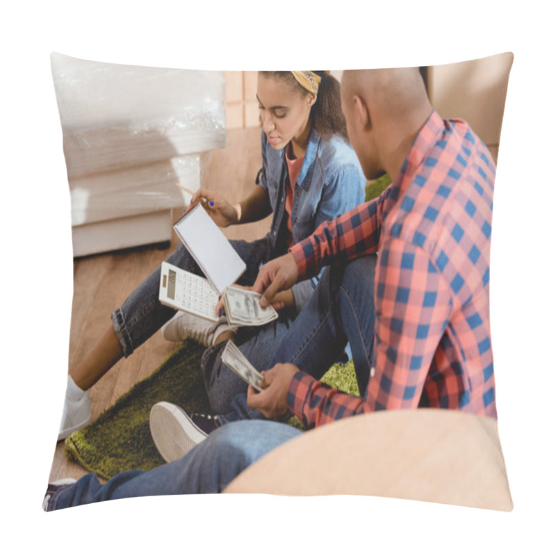 Personality  African American Couple With Money And Calculator Planning Budget In New Apartment  Pillow Covers