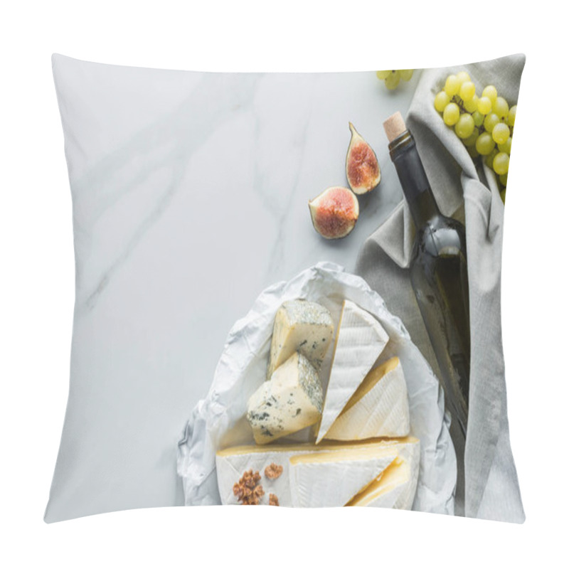 Personality  Flat Lay With Assorted Cheese, Bottle Of Wine And Fig Pieces On White Marble Surface Pillow Covers