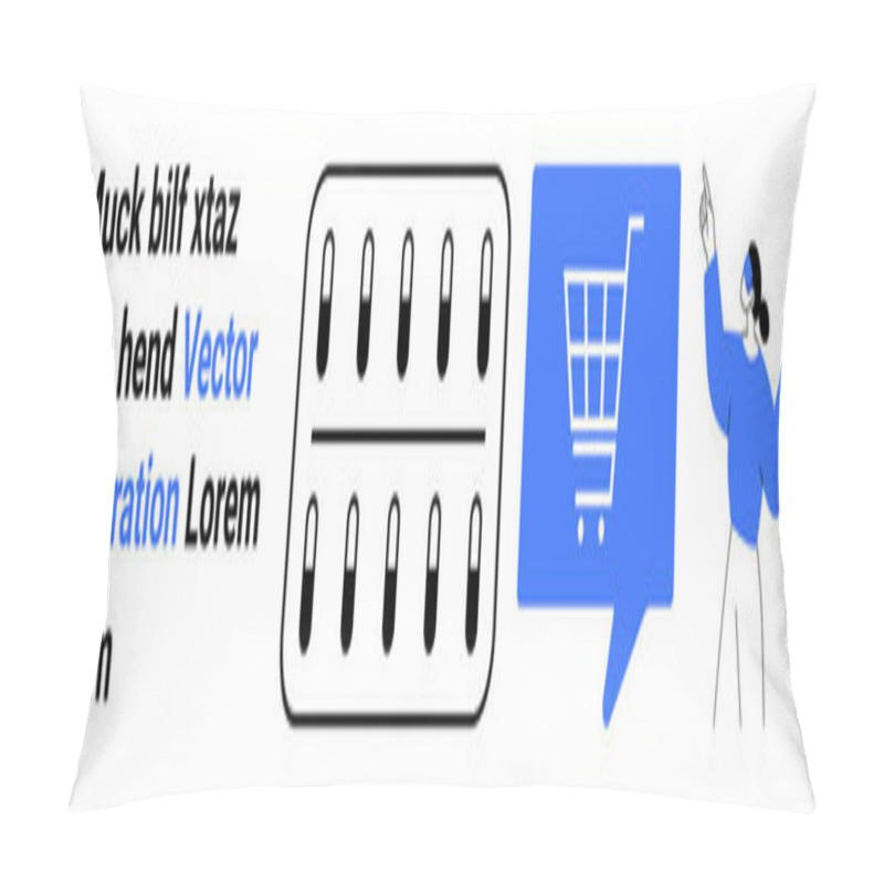 Personality  Digital Shopping Cart, Human Figure Pointing Upwards, Text Placeholder. Ideal For E-commerce, Online Shopping, Digital Transactions, User Interaction, Web Design, Marketing, Technology. Landing Page Pillow Covers