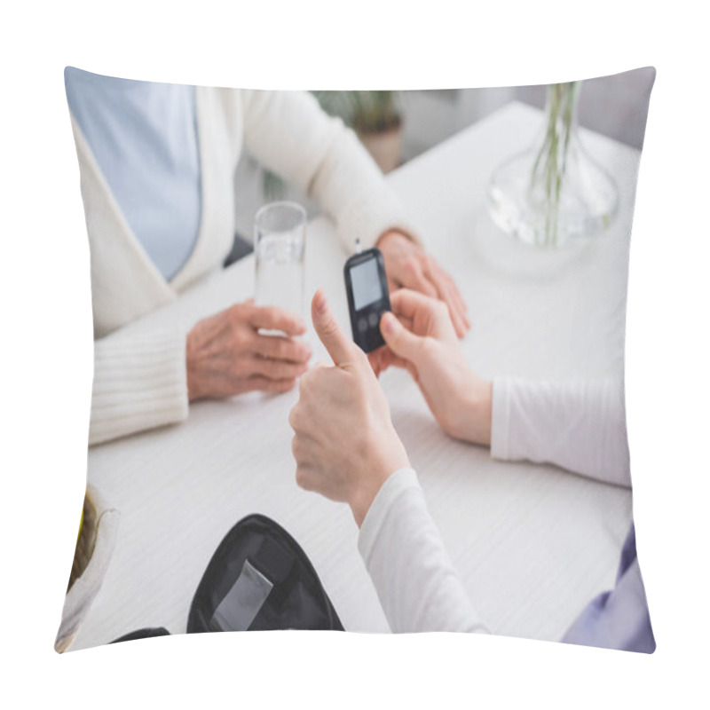 Personality  Cropped View Of Social Worker Showing Thumb Up Near Glucometer And Senior Diabetic Woman Pillow Covers