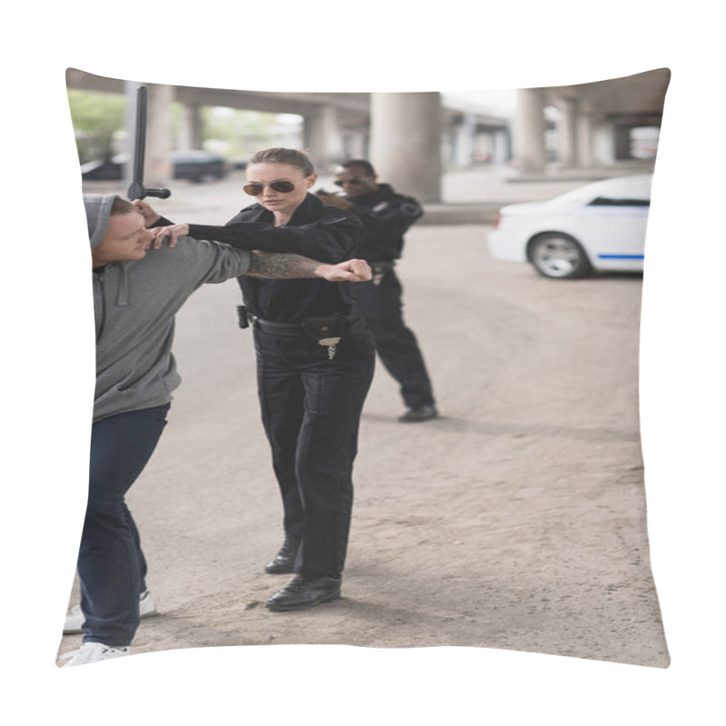 Personality  Policewoman With Truncheon Arresting Bandit And Policeman Standing Behind And Aiming By Handgun  Pillow Covers