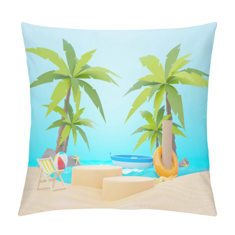 Personality  3d Render Summer Sale Podium Stand For Showing Product. Beach Vacations Scene In Summer For Mock Up. Pillow Covers