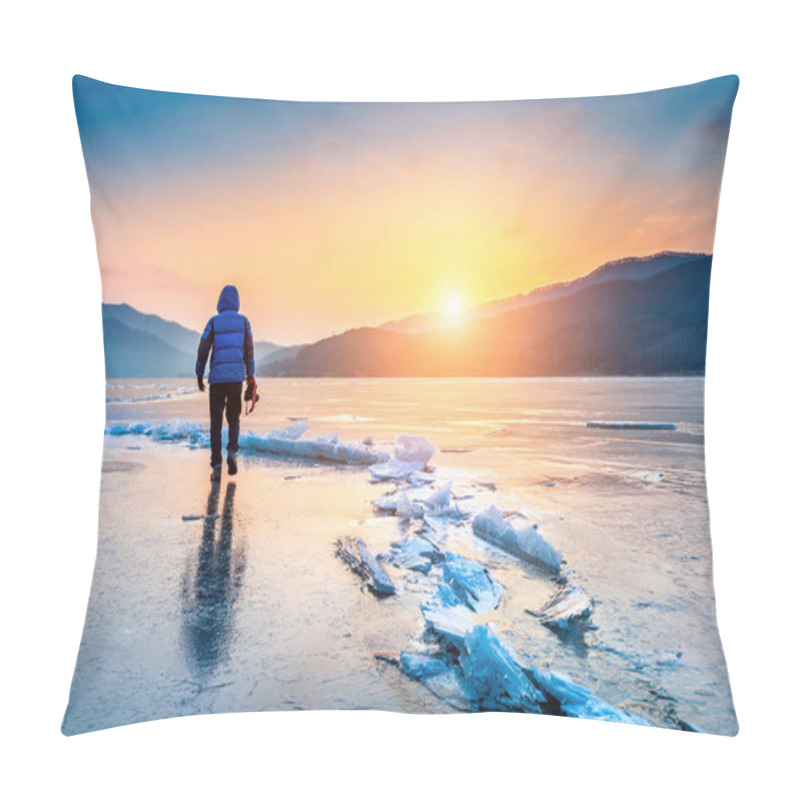 Personality  Professional Photographer With Camera On Frozen River In Winter. South Korea In Winter. Pillow Covers