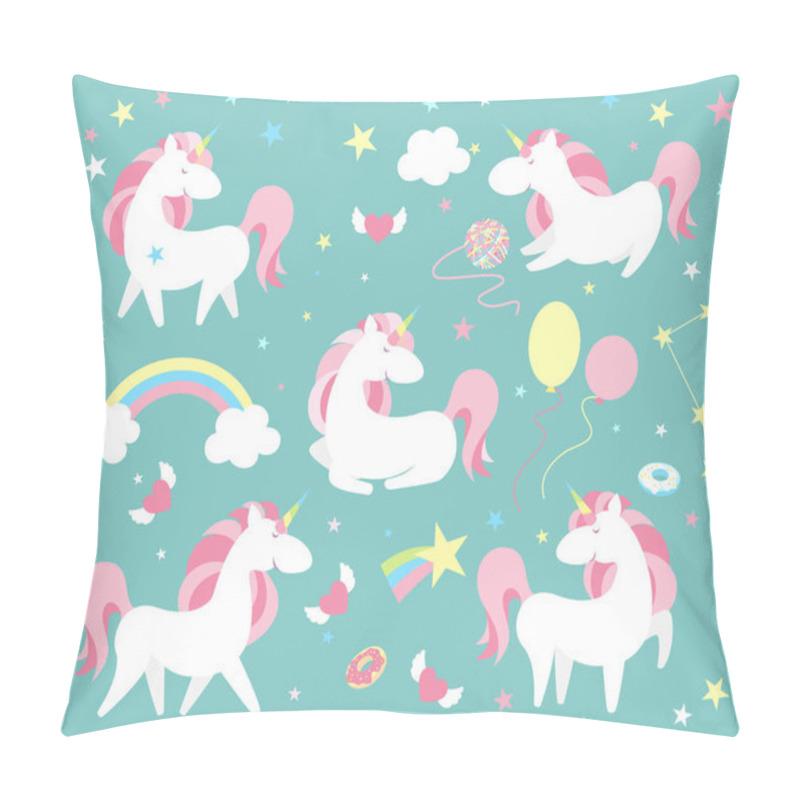 Personality  Unicorn Character Set. Cute Magic Collection With Unicorn, Rainbow, Heart ,fairy Wings And Balloon. Catroon Style Vector Illustration Pillow Covers