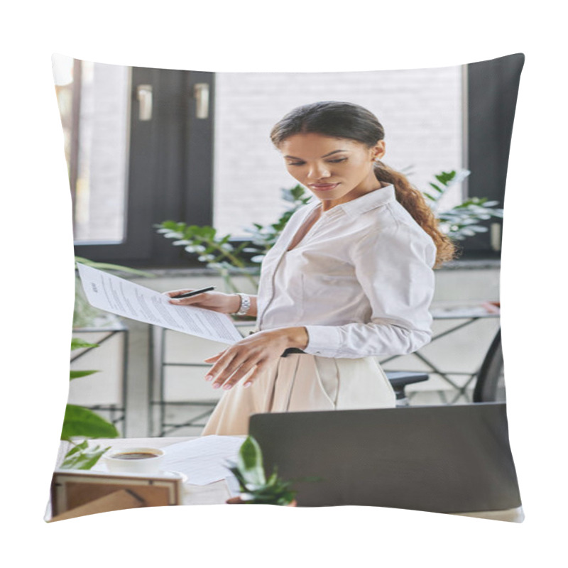 Personality  A Young Black Businesswoman In A White Shirt Efficiently Manages Tasks In A Vibrant Office. Pillow Covers