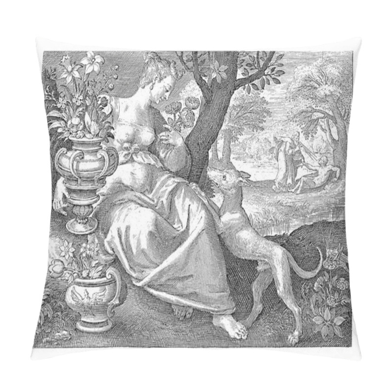 Personality  Sense Of Smell, Nicolaes De Bruyn, After Maerten De Vos, 1581 - 1656 Woman As Personification Of Sense Of Smell Sitting In A Landscape With Vases Full Of Flowers, She Smells A Rose While A Dog. Pillow Covers