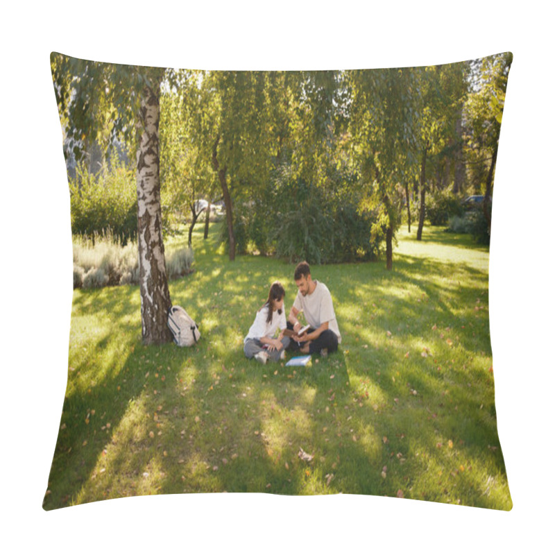 Personality  A Father And Daughter Enjoy A Peaceful Moment Reading Together Under A Tree. Sunlight Filters Through The Leaves, Creating A Serene And Educational Atmosphere In This Natural Setting. Pillow Covers