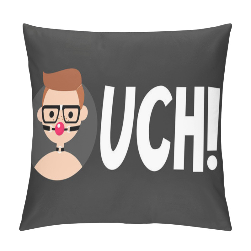 Personality  Ouch Illustrated Sign. BDSM Concept. Red Hair Man Wearing Red Si Pillow Covers