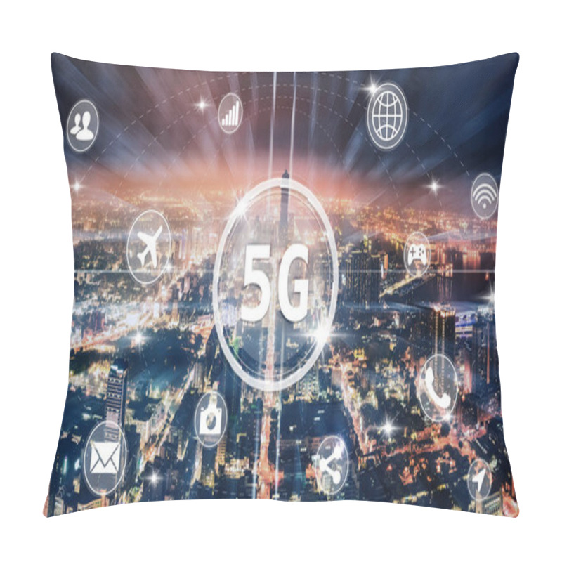 Personality  Aerial View City At  Night  And 5g Network  Application Tech Con Pillow Covers