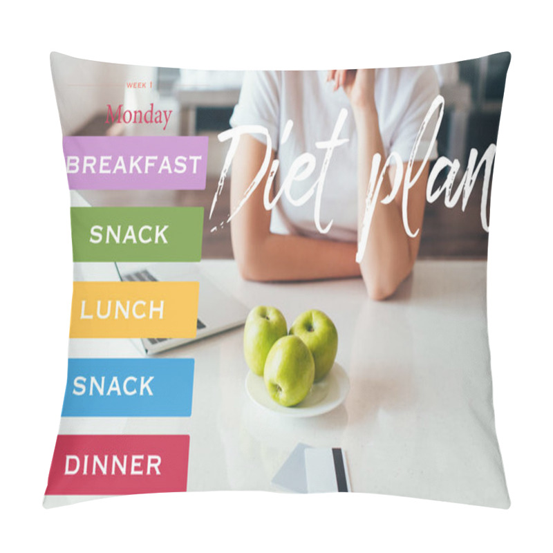 Personality  Cropped View Of Girl Shopping Online With Laptop And Credit Cards On Kitchen With Apples During Quarantine With Diet Plan Pillow Covers