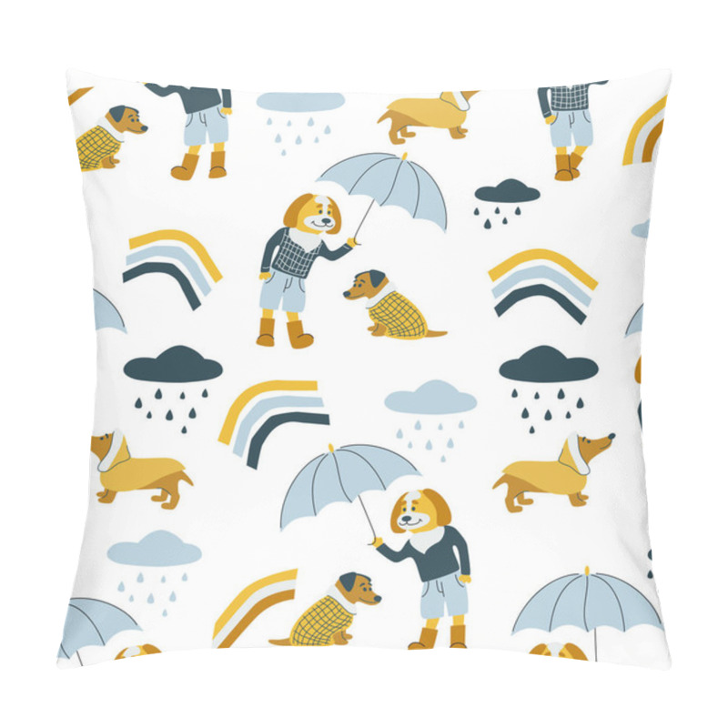 Personality  Vector Seamless Pattern With Dogs, Umbrella, Rain Drops And Rainbows. Autumn Weather. Dog Hold Umbrella, Dog Cloth Vector Illustration Pillow Covers