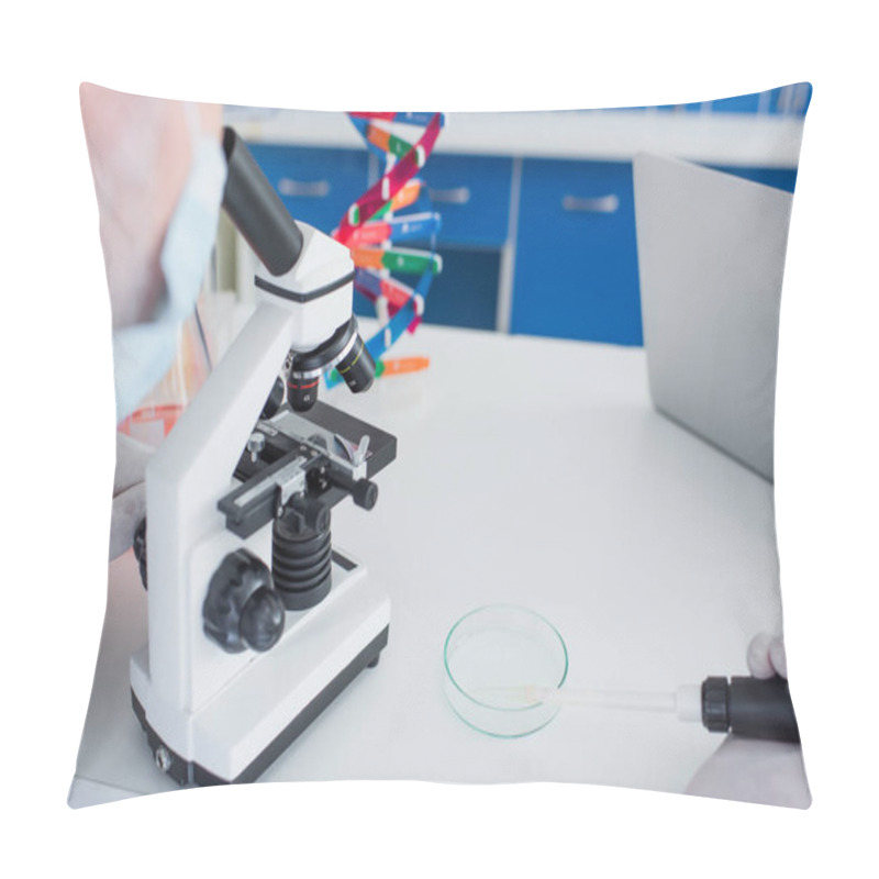 Personality  Partial View Of Blurred Geneticist Holding Micropipette Near Petri Dish While Working With Microscope Pillow Covers