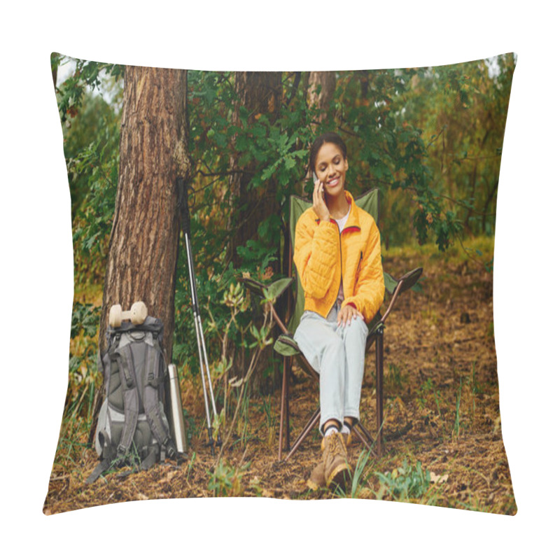 Personality  A Young Woman In An Orange Jacket Is Happily Chatting On Her Phone Amidst Colorful Autumn Trees While Hiking. Pillow Covers