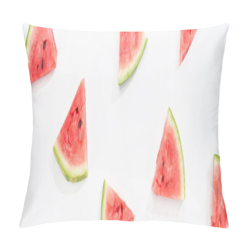 Personality  Panoramic Shot Of Fresh Watermelon Slices On White Background Pillow Covers