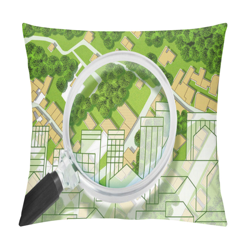 Personality  Real Estate Concept With An Imaginary Cadastral Map Of Territory With Cityscape, Buildings, Roads And Land Parcel - Concept Image Seen Through A Magnifying Glass Pillow Covers