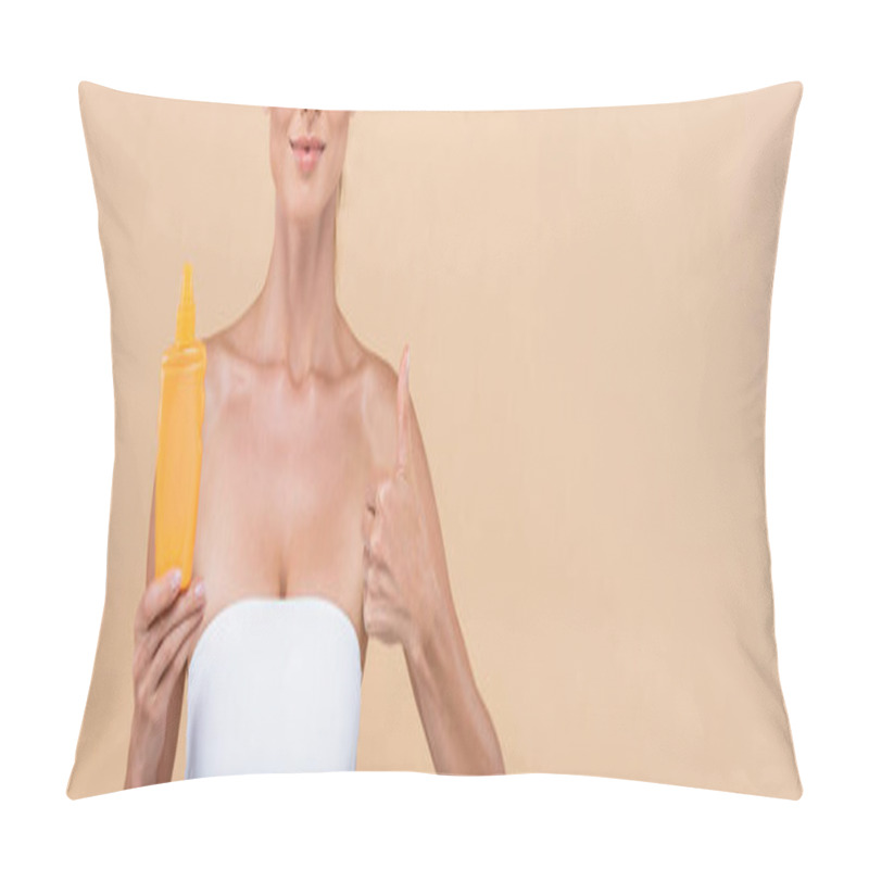 Personality  Cropped View Of Woman With Orange Bottle Of Sunscreen Showing Thumb Up Isolated On Beige, Banner Pillow Covers