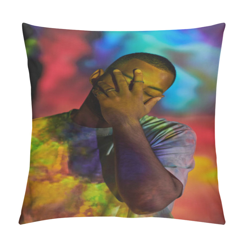 Personality  Handsome Man In Street Attire Closing Face With Hand In Digital Projector Lights, Fashion Concept Pillow Covers