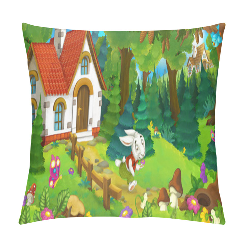 Personality  Cartoon Background Of An Old House In The Forest Funny Rabbit Is Hurrying And Running Illustration For Children Pillow Covers