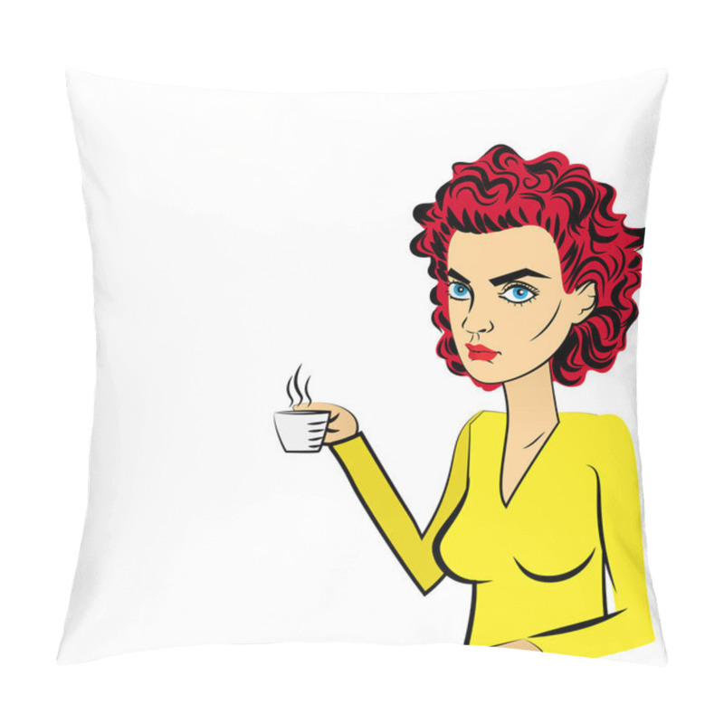 Personality  Angry Woman Red Hair Pop Art Drinking Coffee Pillow Covers