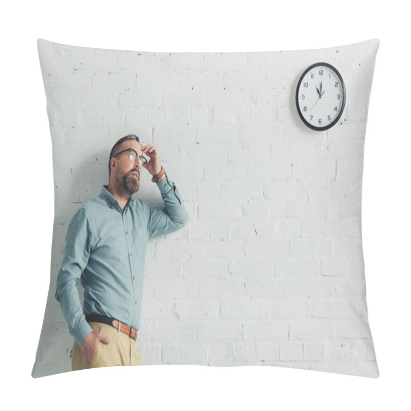 Personality  Pensive Businessman In Shirt And Glasses Looking Away In Office  Pillow Covers