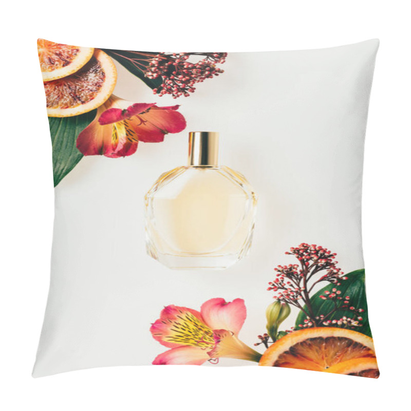 Personality  Top View Of Glass Bottle Of Aromatic Perfume With Various Flowers And Grapefruit Slices Isolated On White Pillow Covers