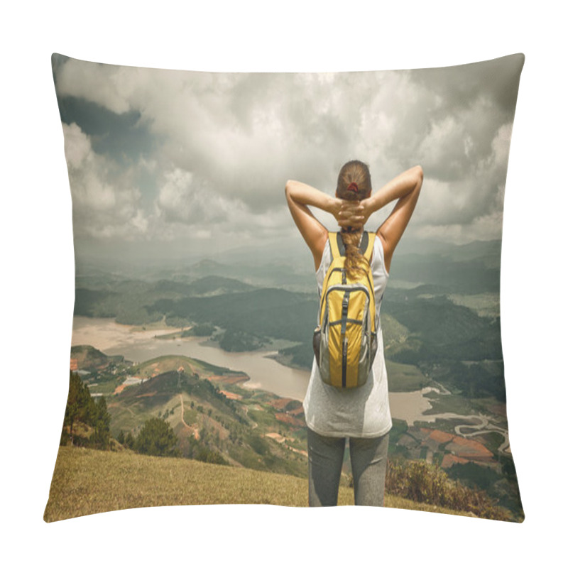 Personality  Portrait Of Happy Travelergirl With Backpack Standing On Top Of  Pillow Covers