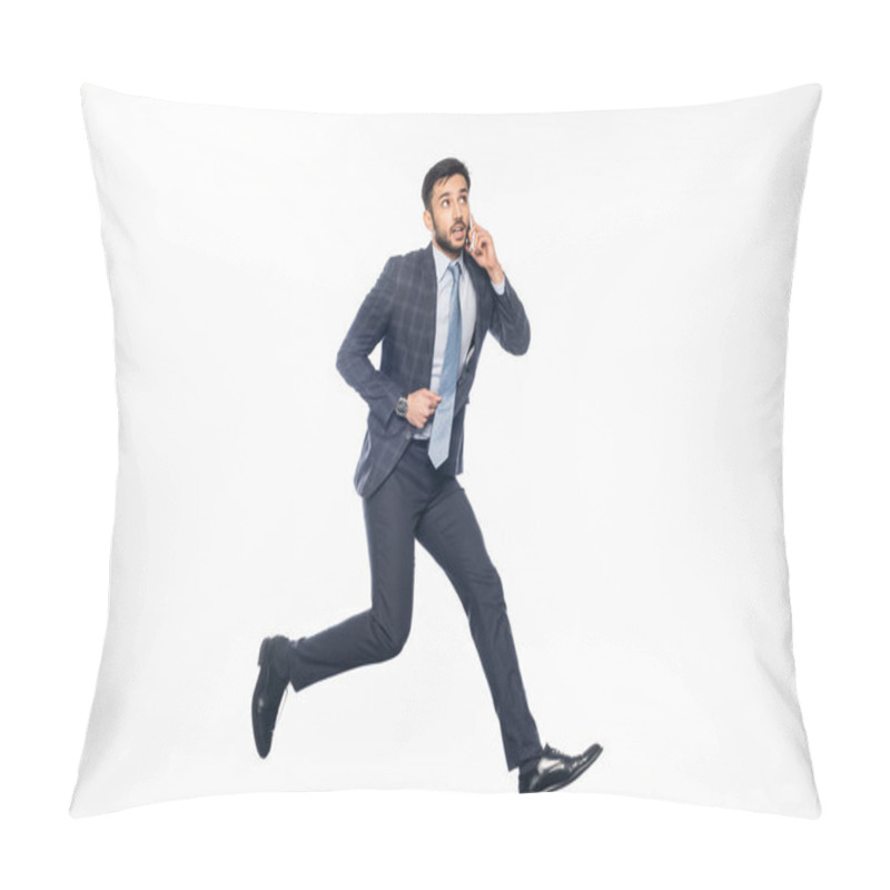 Personality  Pensive Businessman In Suit Jumping And Talking On Smartphone On White  Pillow Covers