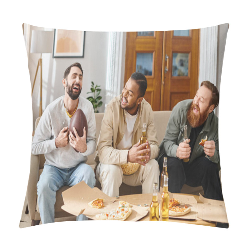 Personality  Three Handsome, Cheerful Men Of Different Races Sit On A Couch, Enjoying Pizza And Beer In A Casual Home Setting. Pillow Covers