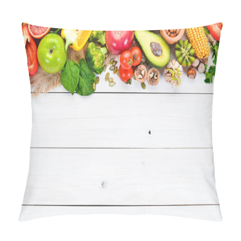 Personality  Foods Containing Natural Fiber: Avocados, Kiwi, Apple, Tomatoes, Spinach, Paprika, Orange, Lemon. Top View. Free Space For Your Text. On A White Background. Pillow Covers