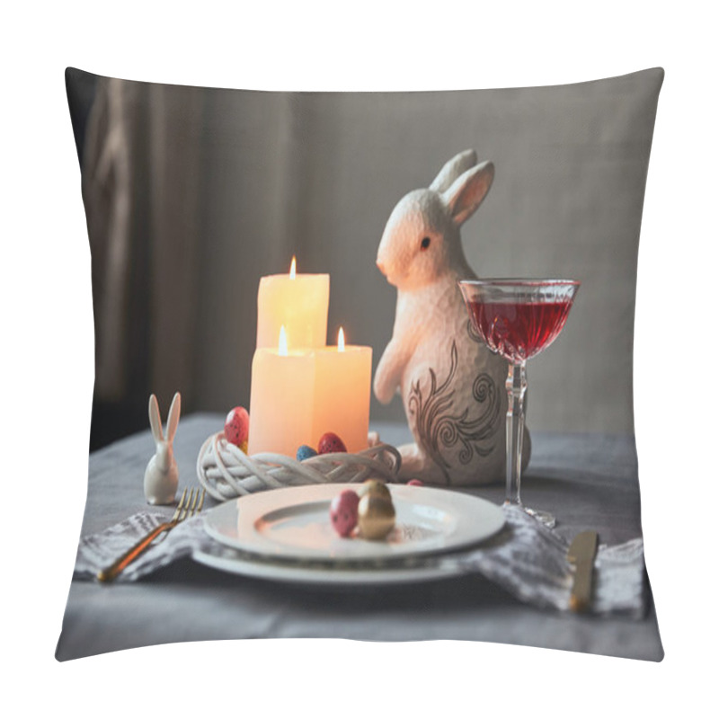 Personality  Selective Focus Of Plates With Eggs, Wine In Crystal Glass, Burning Candles And Decorative Bunnies On Table At Home Pillow Covers