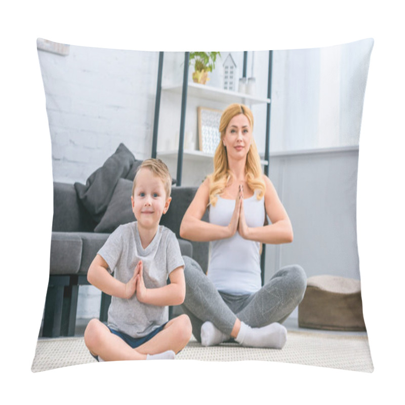 Personality  Mother With Little Son Practicing Yoga In Lotus Position In Living Room Pillow Covers