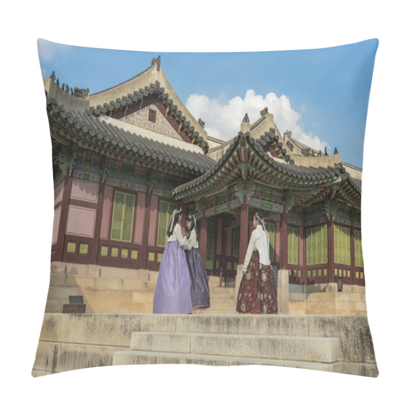 Personality  Women Wearing Traditional Hanbok Costume At Deoksugung Palace, Traditional Palace Architecture In Seoul, South Korea Pillow Covers