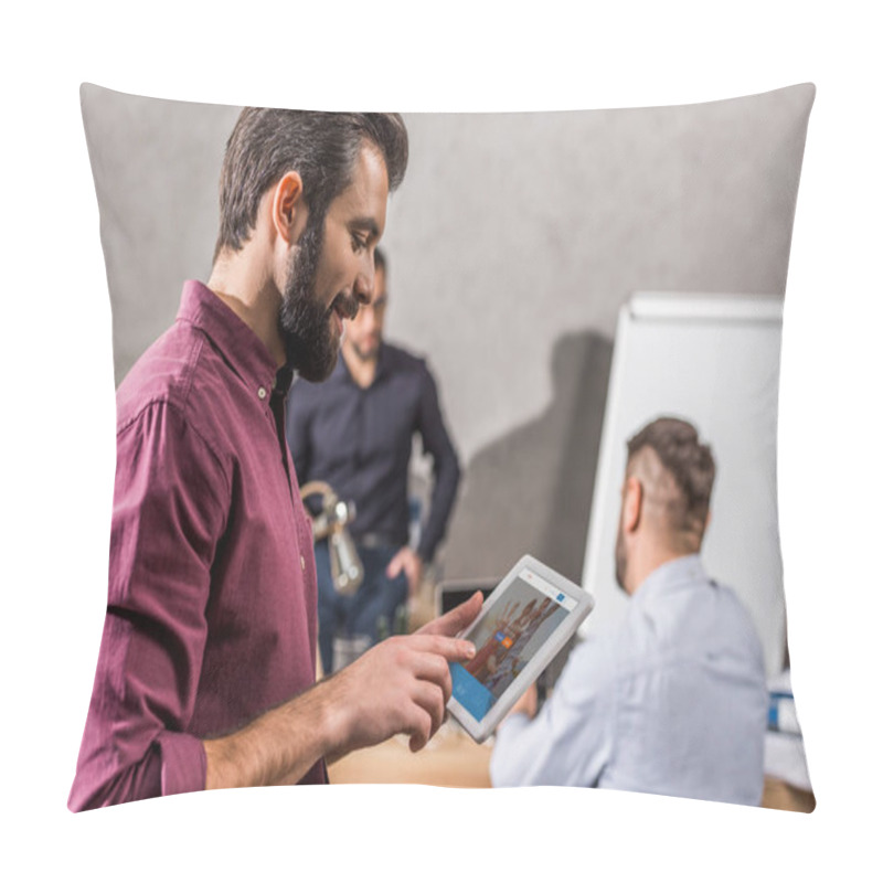 Personality  Smiling Businessman Looking At Tablet With Couchsurfing Page  Pillow Covers