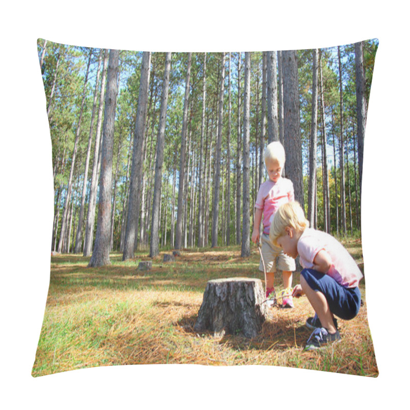 Personality  Two Young Children Exploring In Pine Tree Forest Pillow Covers