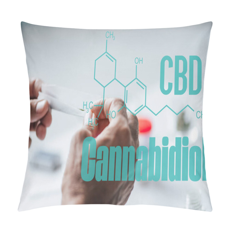 Personality  Cropped View Of Man Holding Blunt Of Medical Cannabis With Cbd Molecule Illustration Pillow Covers