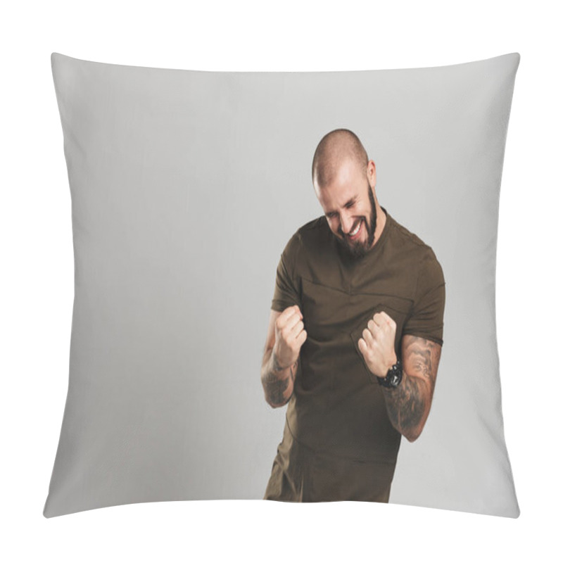 Personality  Image Of Happy Baldy Man With Beard And Mustache Clenching His F Pillow Covers