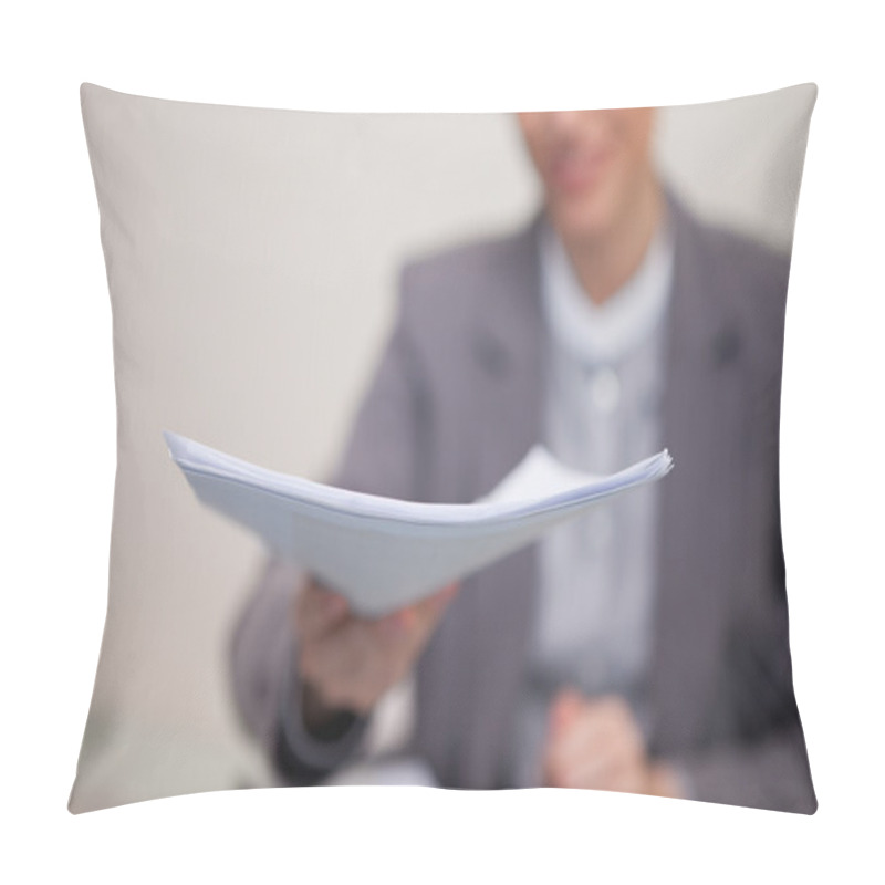 Personality  Paperwork Being Handed Over By Businesswoman Pillow Covers