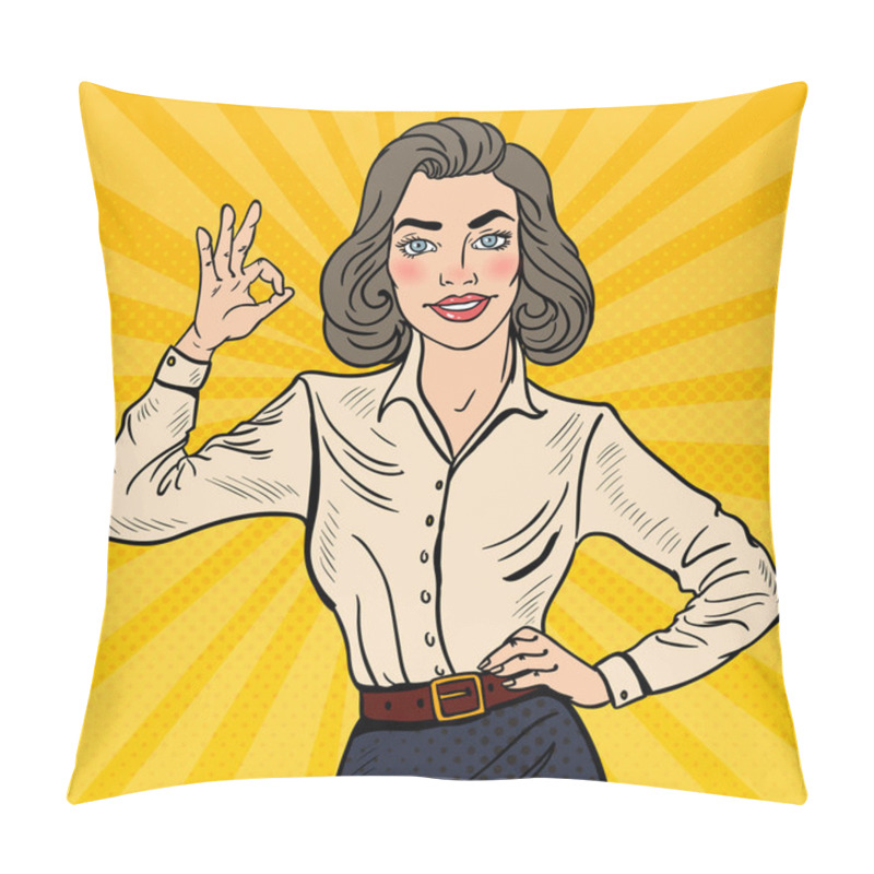 Personality  Pop Art Successful Businesswoman Gesturing OK. Vector Illustration Pillow Covers