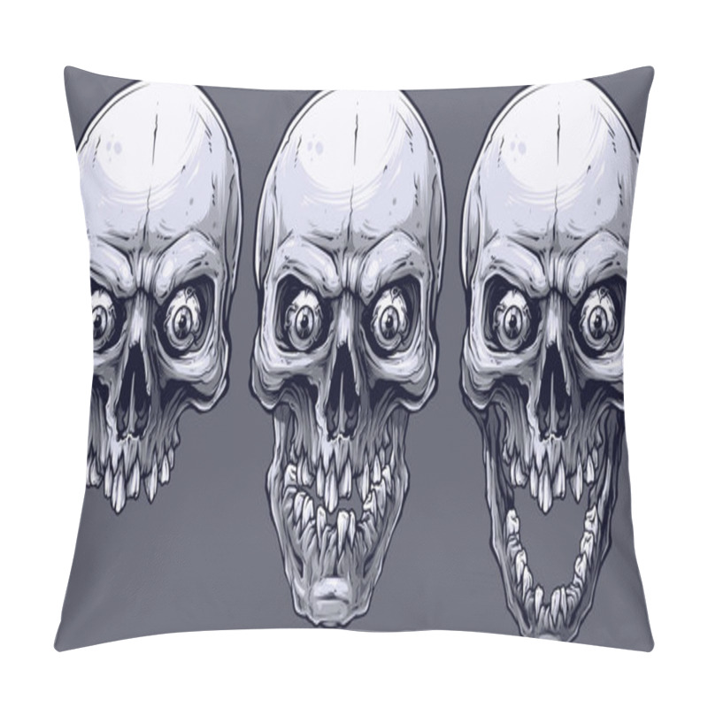 Personality  Detailed Graphic Realistic Cool Black And White Human Skulls With Crazy Eyes And Broken Teeth. On Gray Background. Vector Icon Set. Pillow Covers