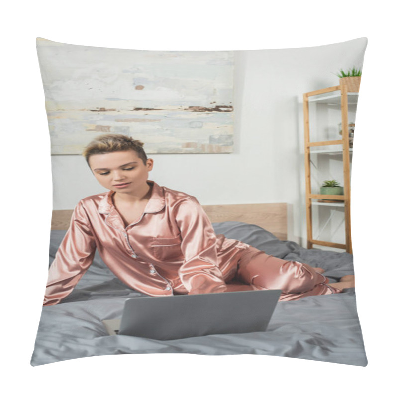 Personality  Young Pansexual Person In Silk Pajamas Using Laptop On Bed At Home Pillow Covers