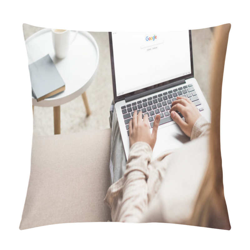 Personality  Cropped Shot Of Woman At Home Sitting On Couch And Using Laptop With Google Website On Screen Pillow Covers