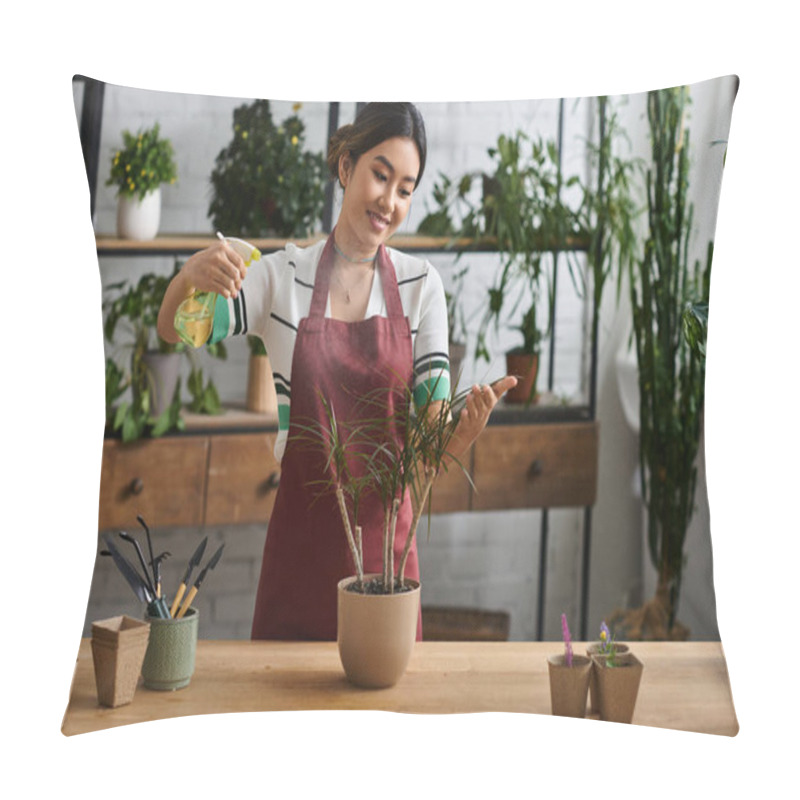 Personality  An Asian Woman, The Owner Of A Small Plant Store, Carefully Misting A Potted Plant In Her Shop. Pillow Covers