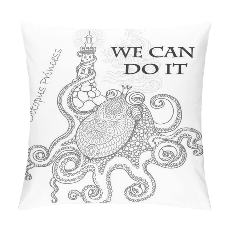 Personality  We Can Do It  Concept Wallpaper. Humorous Girls Power Tee Shirt Print On A White  Background. Octopus In Princess Crown Cartoon Character Raising A Lighthouse With Tentacle Pillow Covers