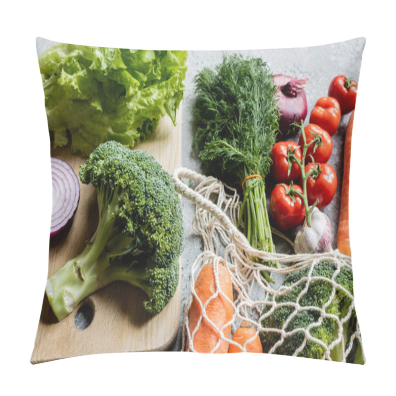 Personality  Fresh Ripe Vegetables In String Bag Near Cutting Board On Grey Concrete Surface Pillow Covers