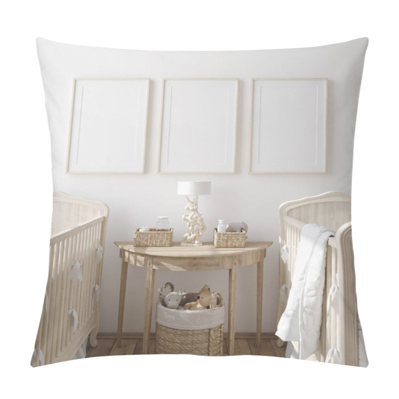 Personality  Mock Up Frame In Children Room With Natural Wooden Furniture, Farmhouse Style Interior Background, 3D Render Pillow Covers