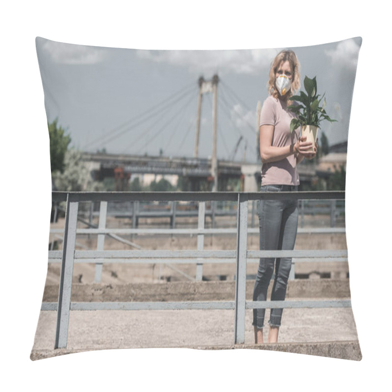 Personality  Woman In Protective Mask Holding Potted Plant On Bridge And Looking Away, Air Pollution Concept Pillow Covers