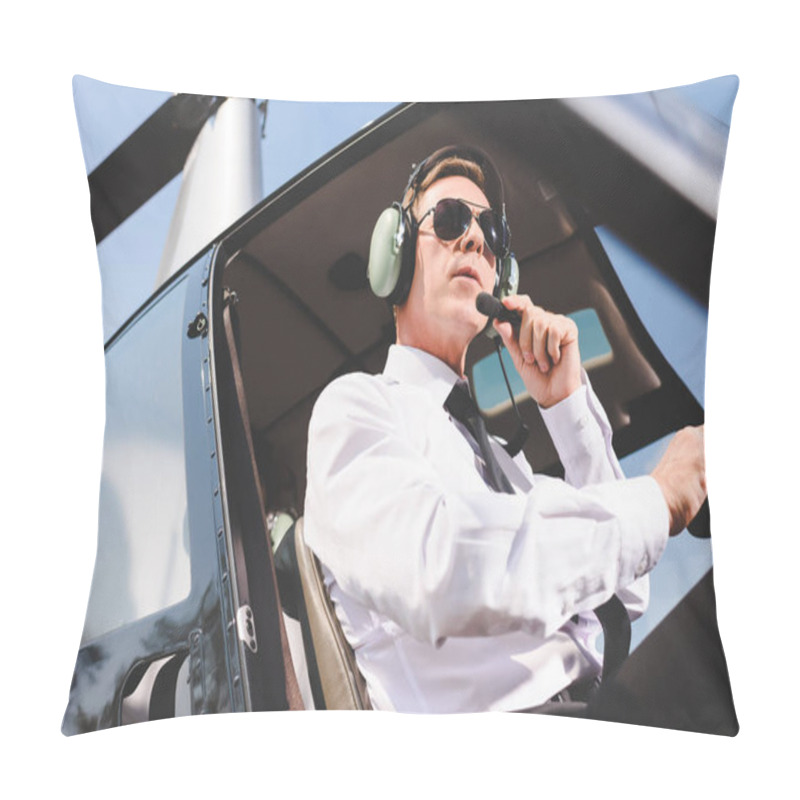 Personality  Pilot In Sunglasses, Formal Wear And Headset Sitting In Helicopter Cabin Pillow Covers