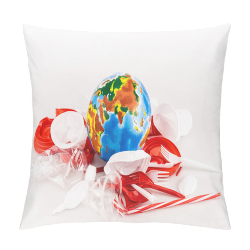 Personality  Plastic Trash Scattered Around Globe On White Background Pillow Covers