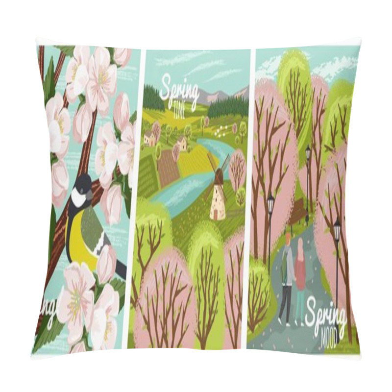 Personality  Spring Time Vector Hand Drawn Posters. Spring Season Illustrations Of Happy Couple Walking In A Park, Rural Landscape With Farm And Windmill And Great Tit Bird On A Cherry Blossom Branch Pillow Covers